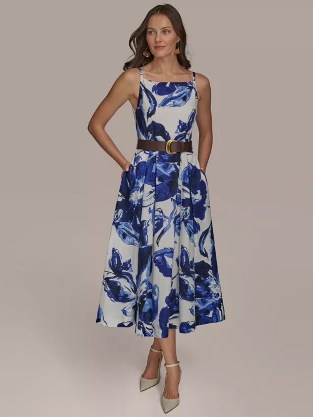 Donna Karan Women's Belted Midi A-Line Linen Blend Watercolor Dress Size 2 NWT